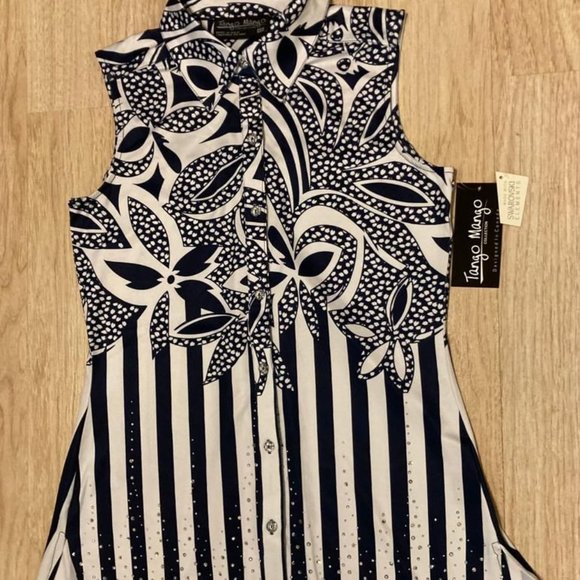 Tango Mango Tops - NWT Tango Mango Blouse Top Women Made With Swarovski Elements Blue/White Size XS